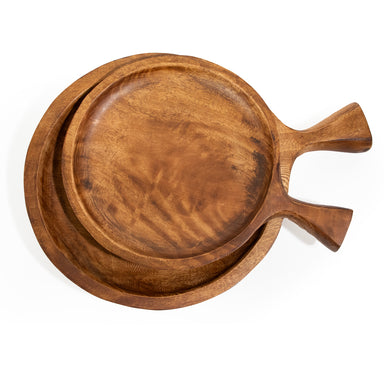 2 round teak wood platters with one large handle.