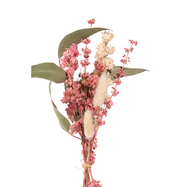 Mini bouquet of pink and white flowers with green leaves and bunny tail stems.