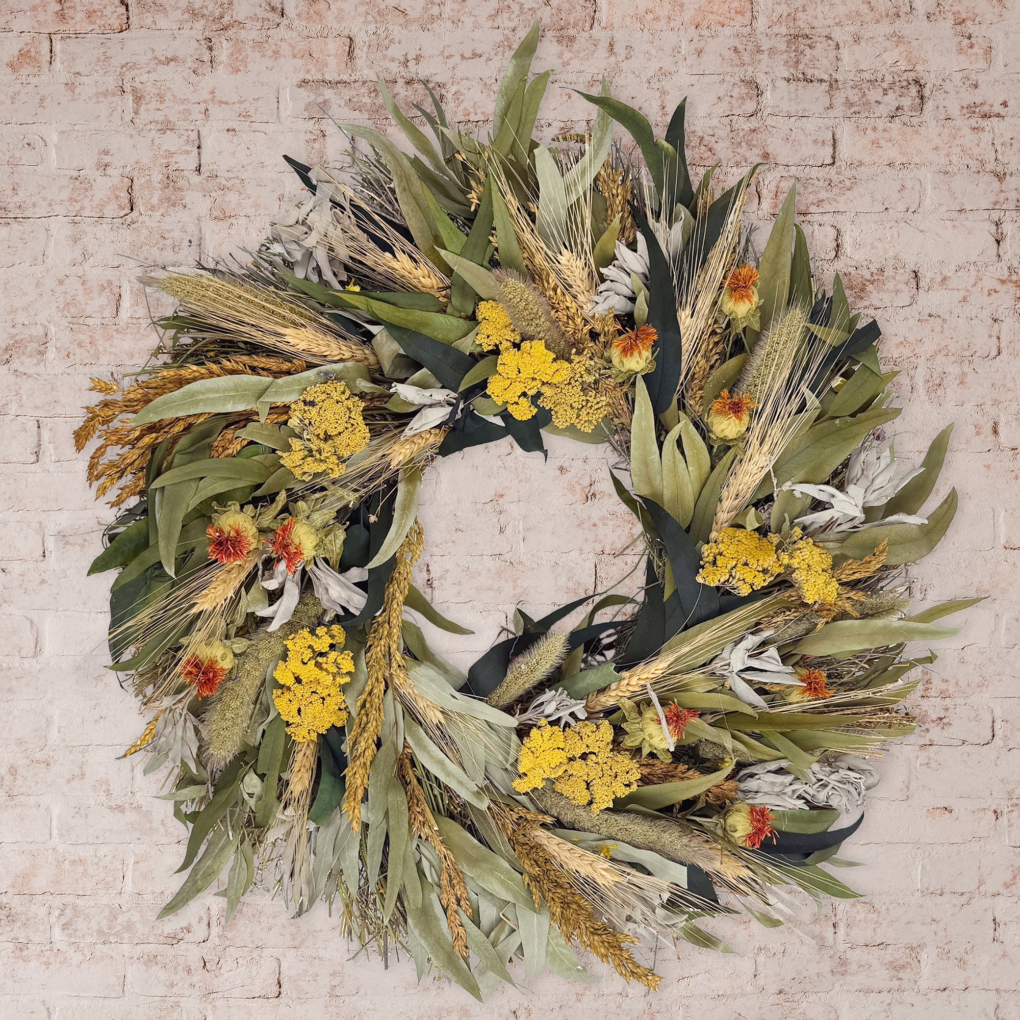 Yarrow & Sage Wreath against whitewashed background