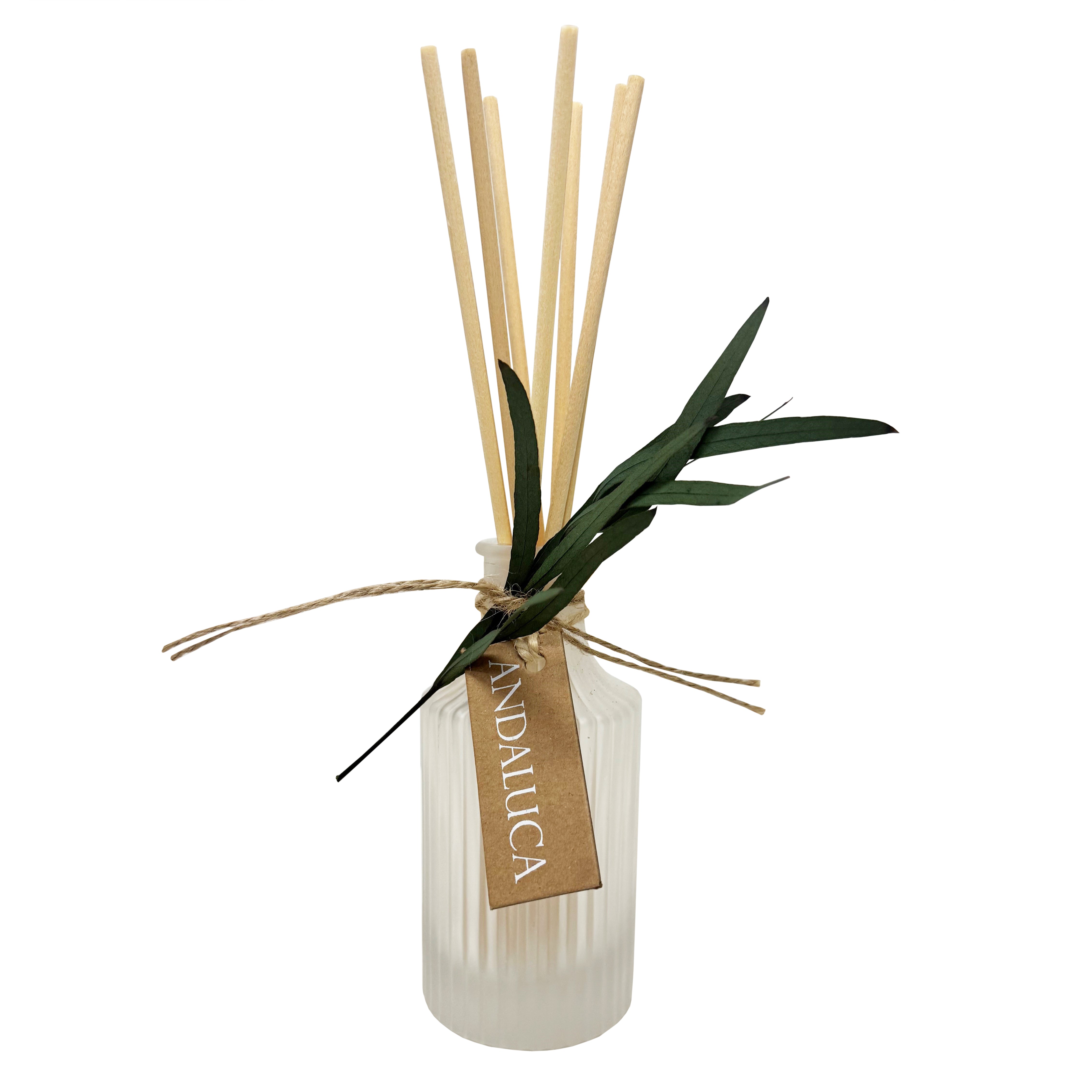 Frosted Ridge Diffuser glass with willow tied to bottle neck and reeds.