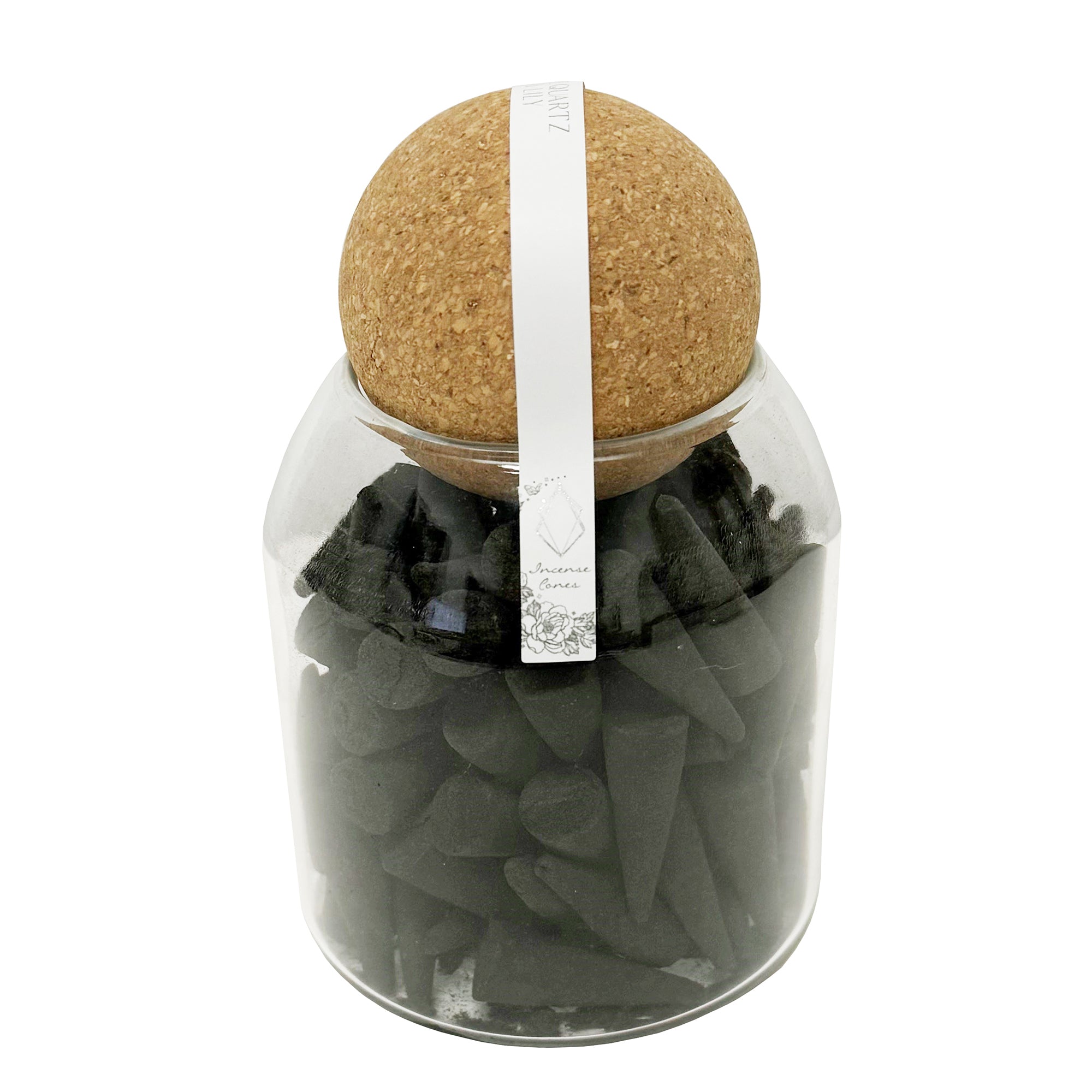 Black incense cones in glass jar with cork lid.