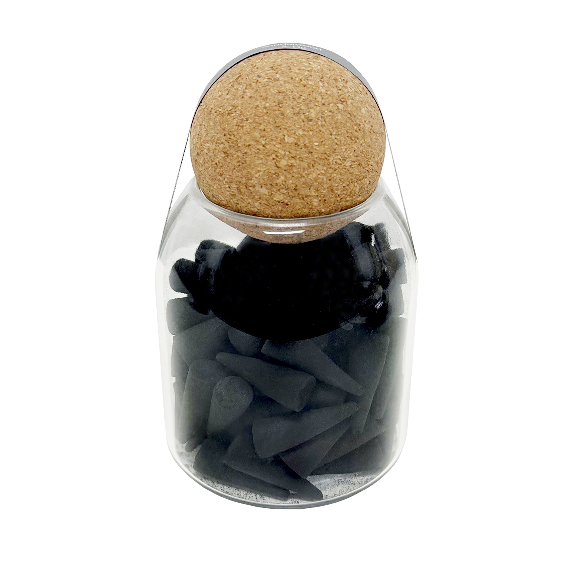 Black incense cones in glass jar and cork lid.