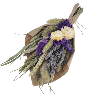 Floral bouquet in ivory, purple and natural.