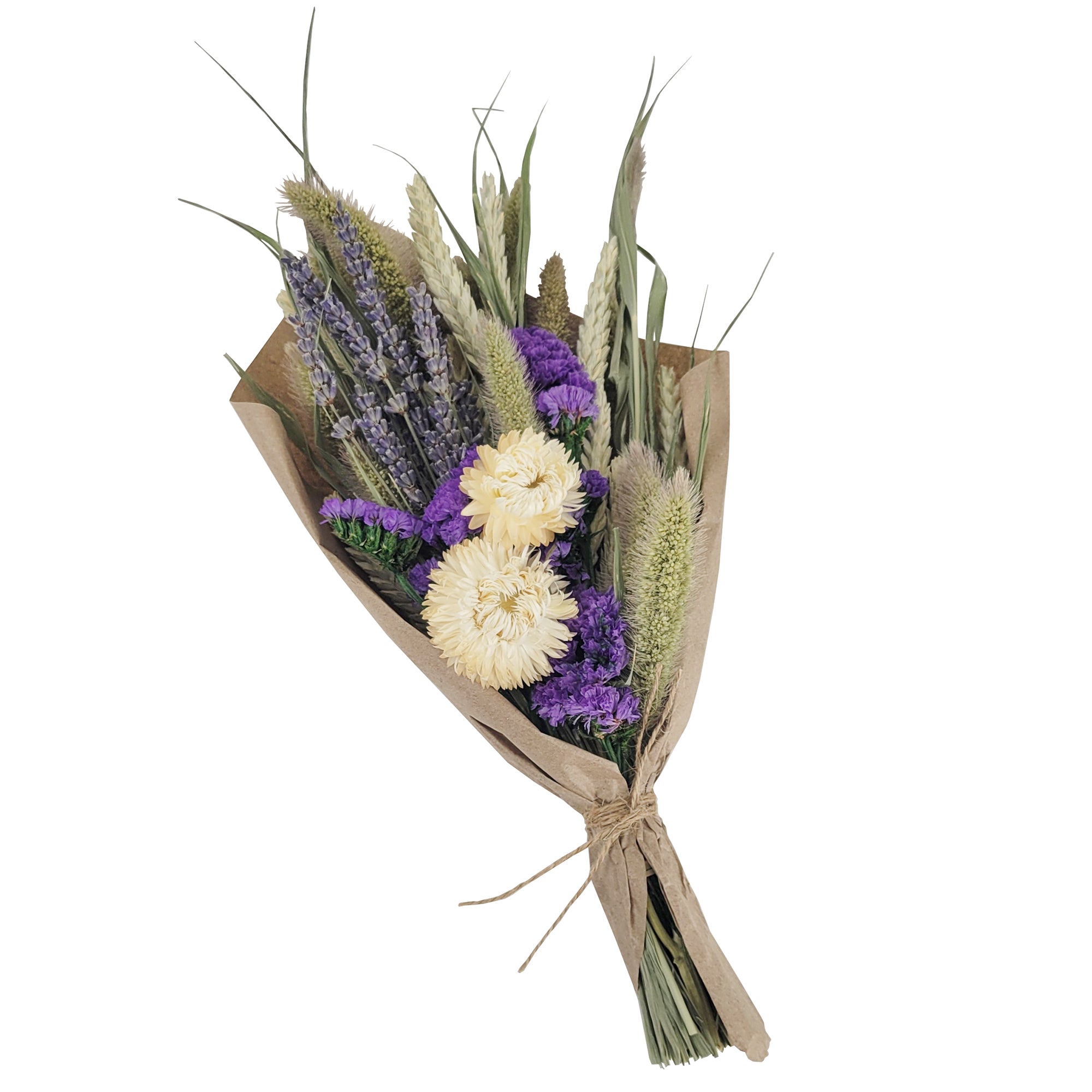 Floral bouquet in ivory, purple and natural.