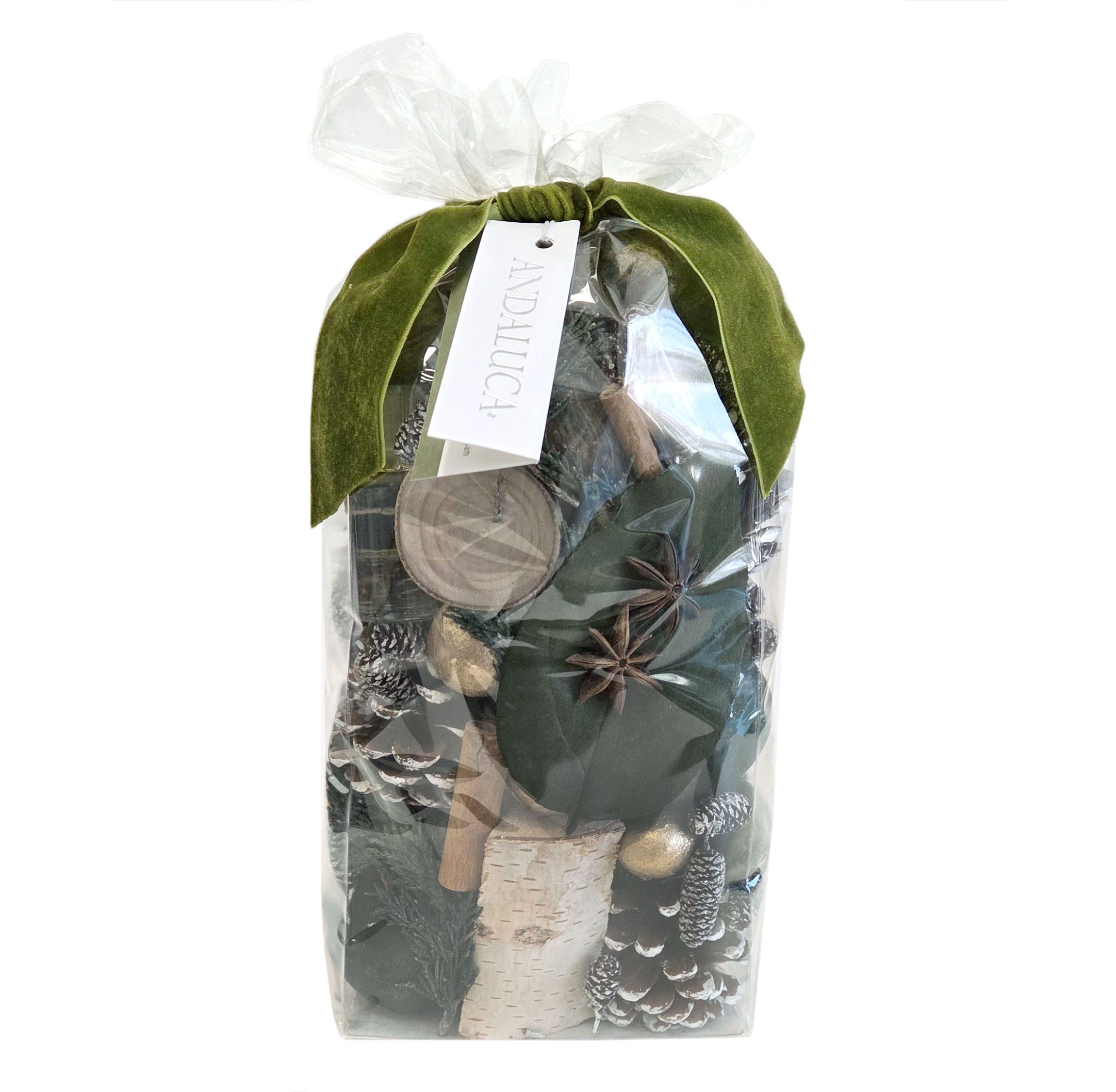 Botanical potpourri in clear bag. Potpourri is green, white and natural.
