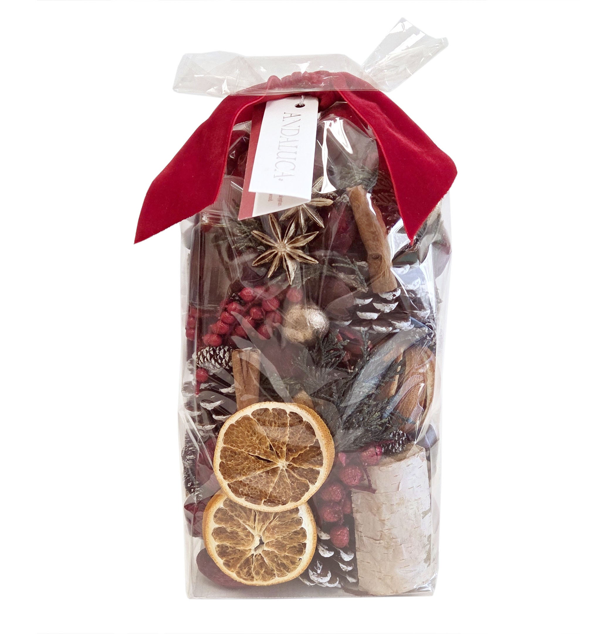 Botanical potpourri in red, white, orange, and natural colors.