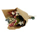 Mini bouquet with pinl larkspur, willow eucalyptus, baby eucalyptus, phalaris, and aveena in kraft paper wrap with jute tie.