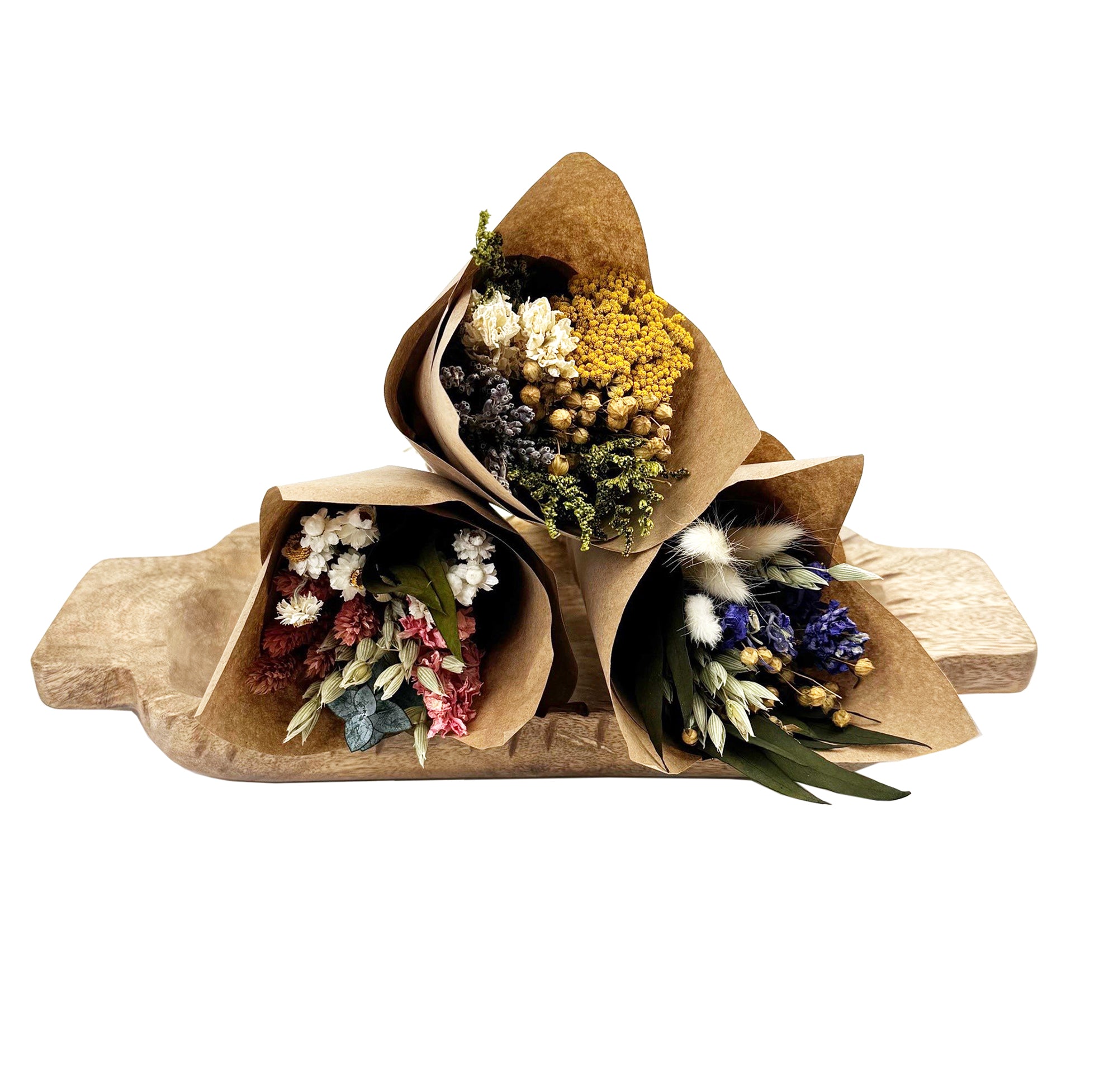 Photo of three mini bouquet collection on wood tray.