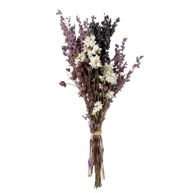 Mini floral bouquet of purple and white flowers.