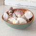 Small bowl of the Set of 3 Turquoise Copper Cast Metal Decorative Bowls, empty bowls in room setting, filled with sea shells.