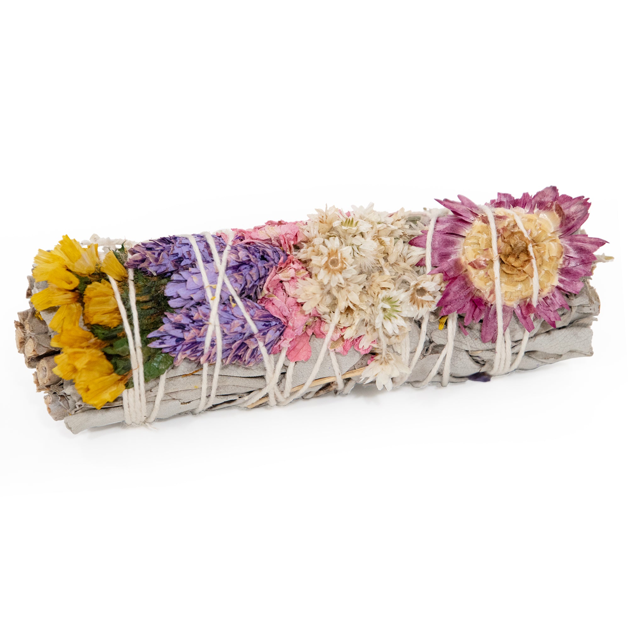 Colorful floral white sage smudge stick.