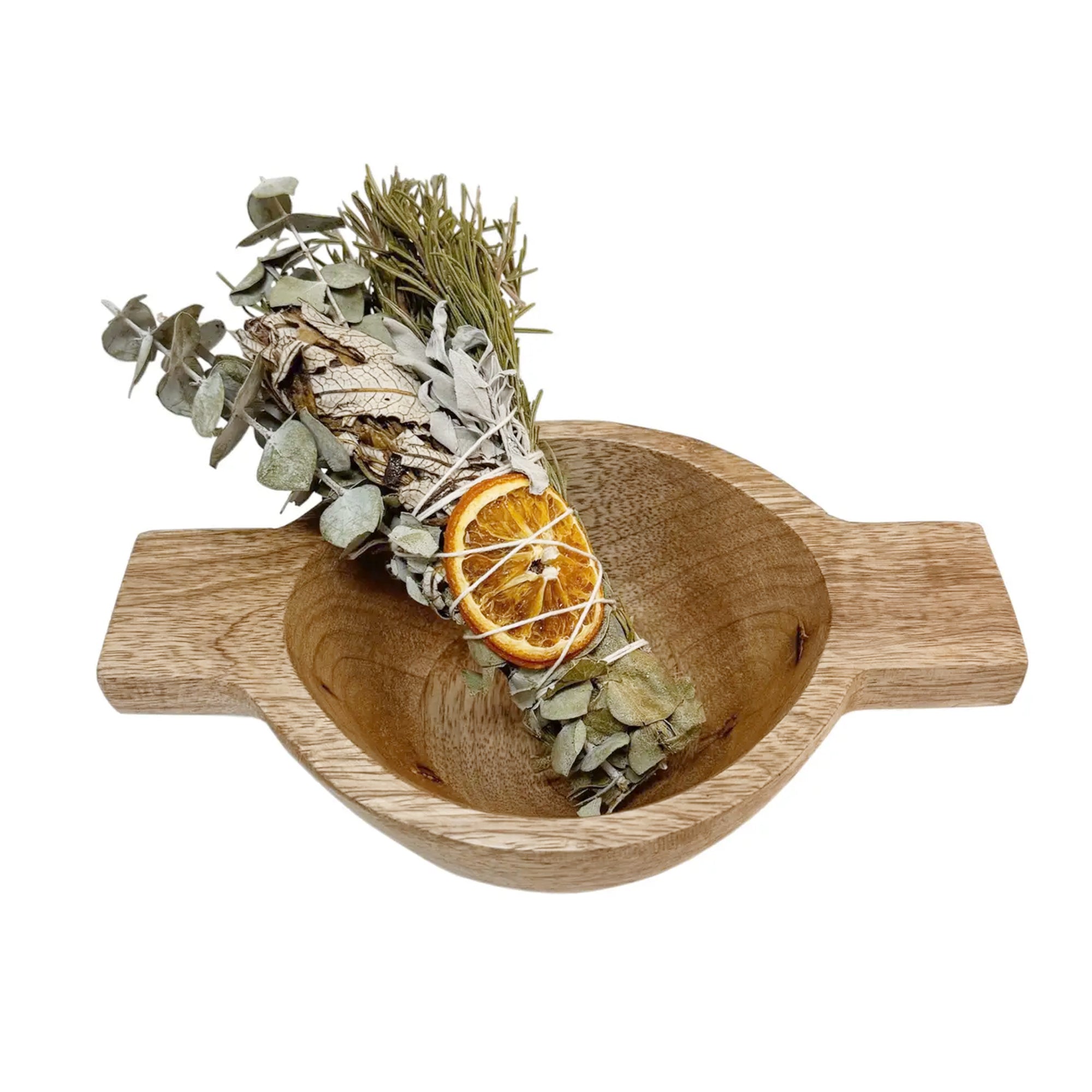 Rosemary, sage, and eucalyptus sage bundle with sliced orange slice.