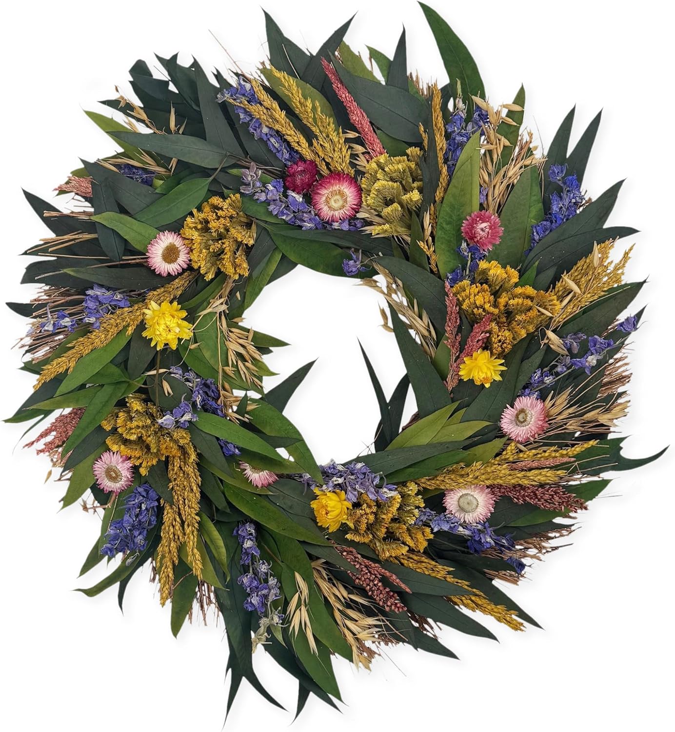 Wreath made of green leaves and colorful flowers on a white background