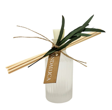 Frosted Ridge Diffuser glass with willow tied to bottle neck and reeds.