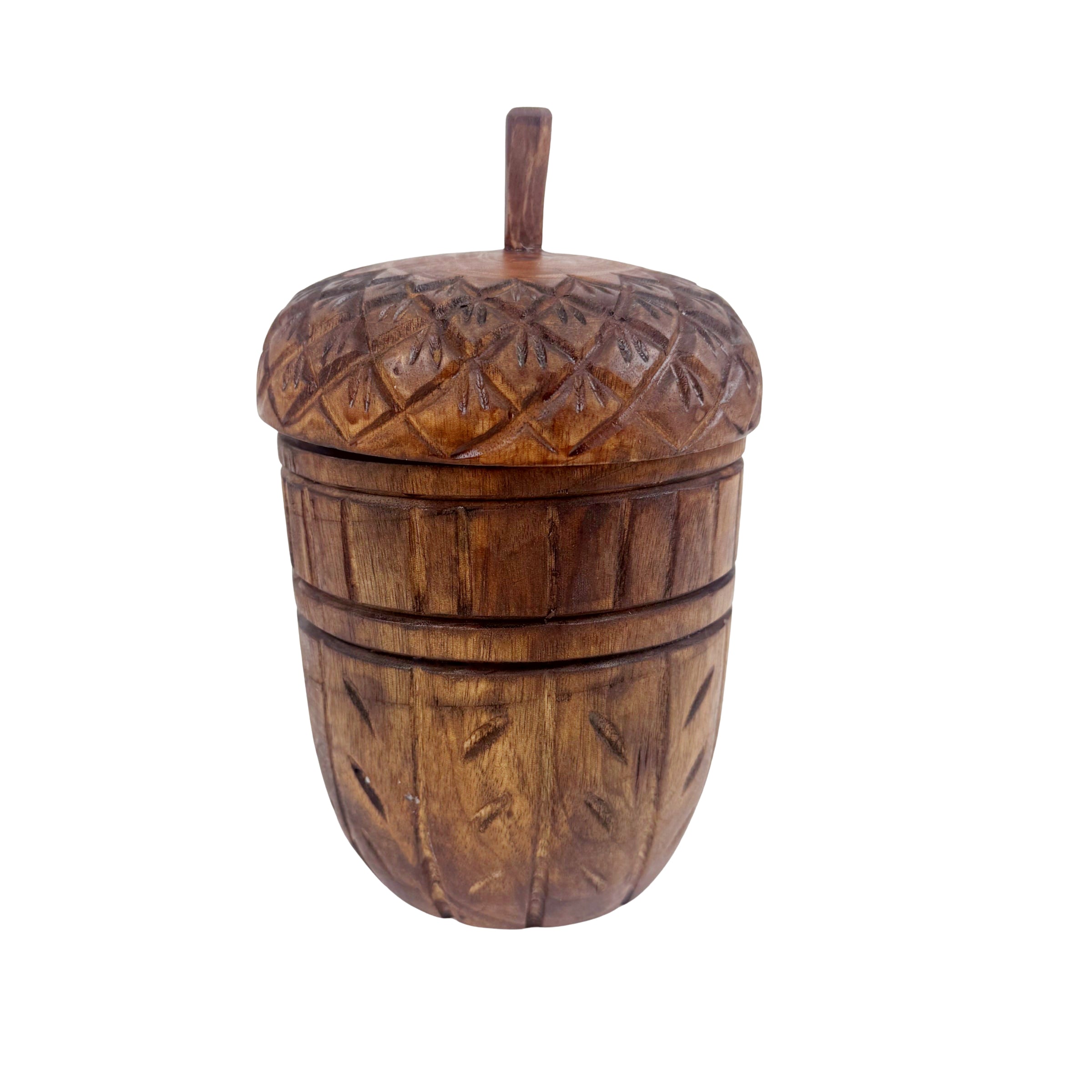 carved acorn wooden vessel on a white background 