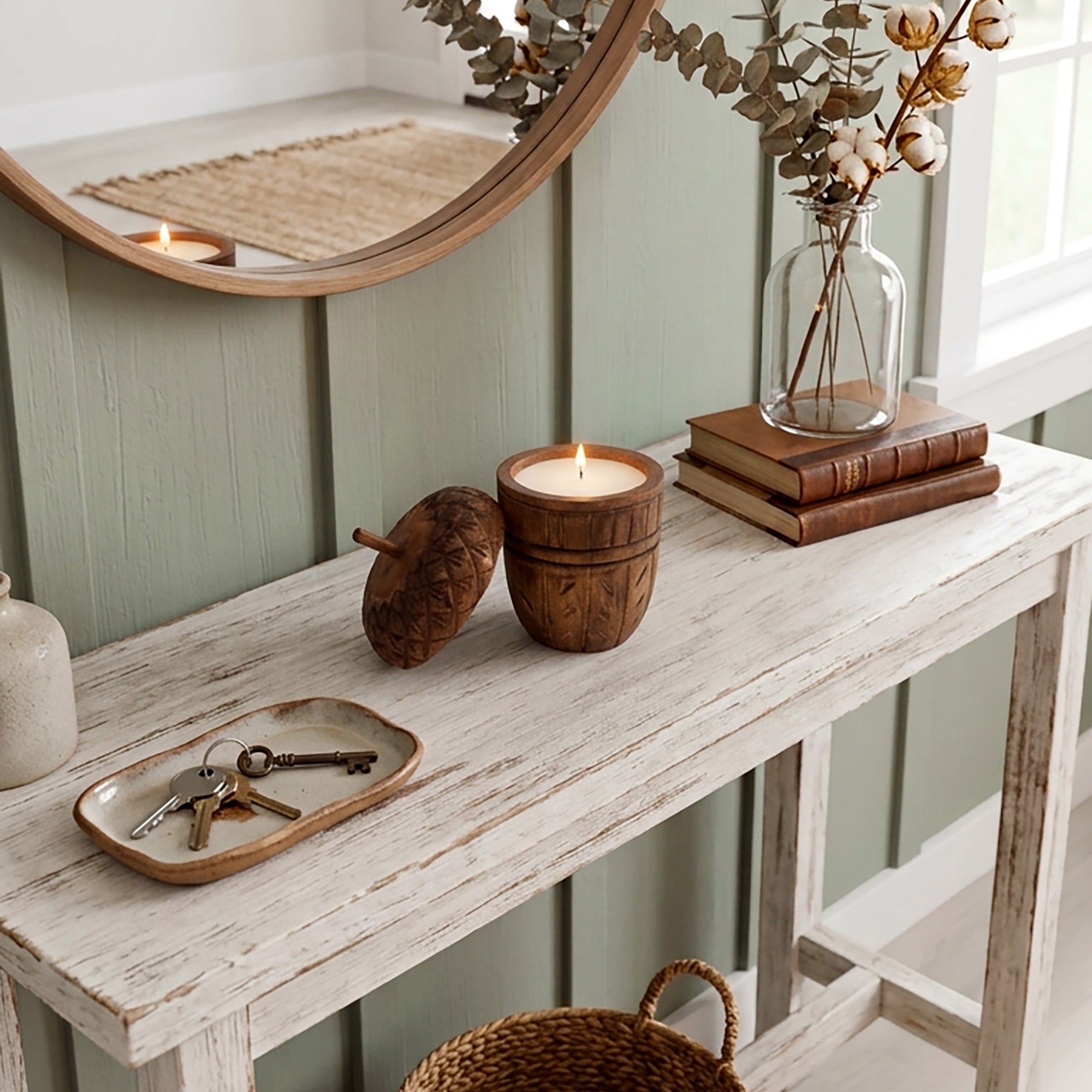 Acorn Wood Candle lit on a side table in an entryway.