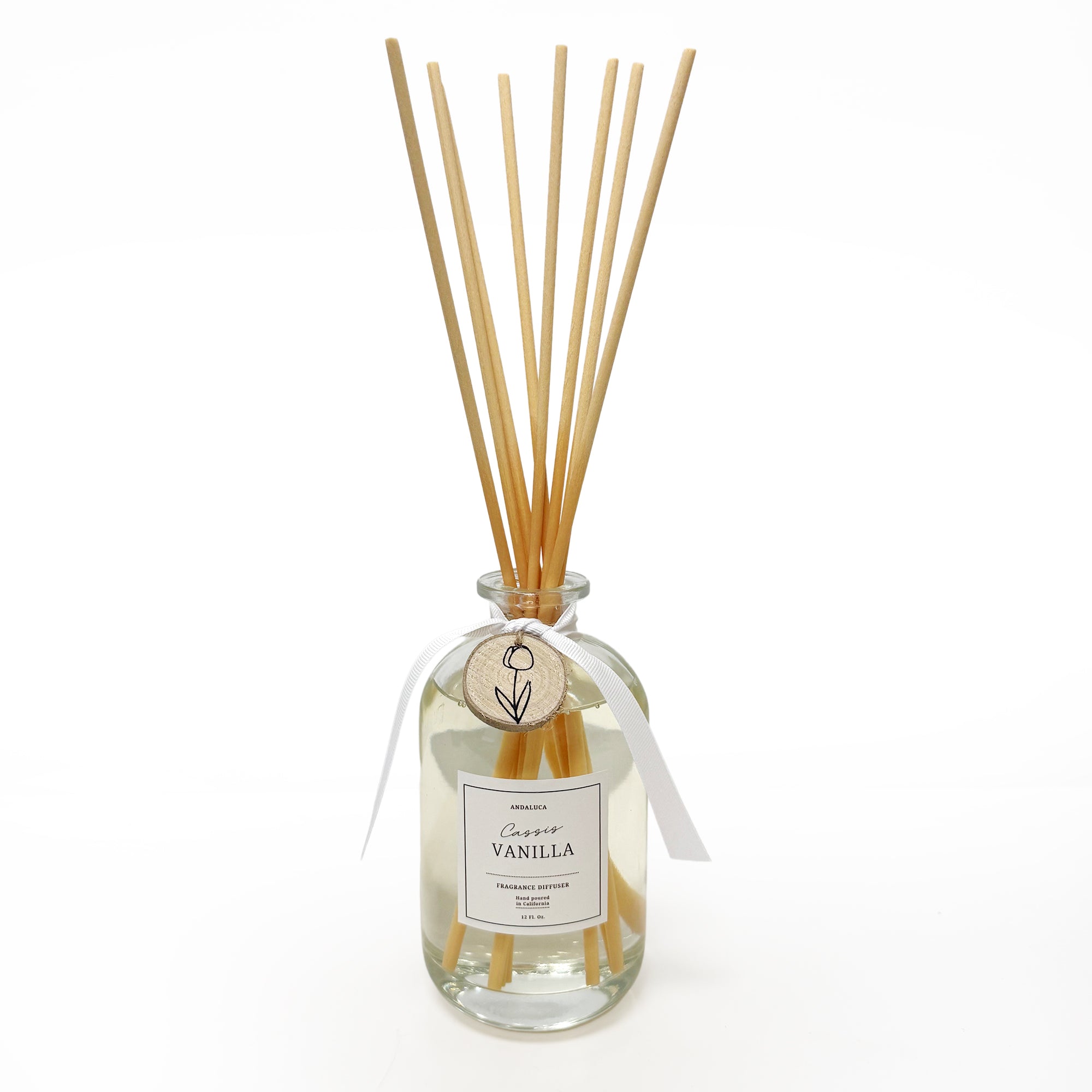 Clear glass diffuser bottle with wooden sticks labeled 'Coppia Vanilla' on a white background