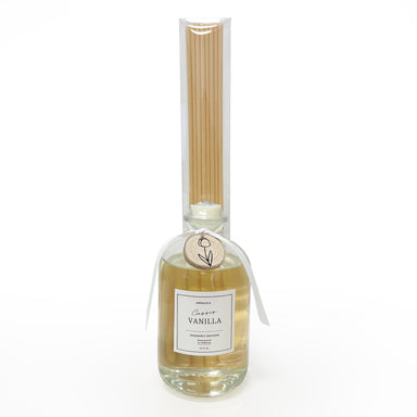 Vanilla-scented bottle with wooden sticks on a white background