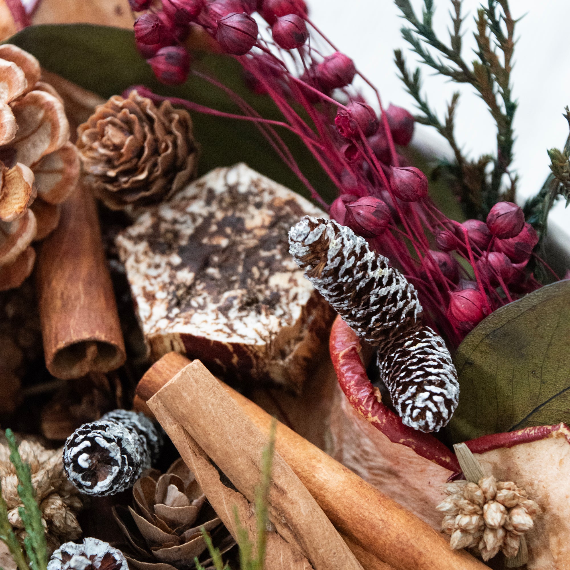 Close-up of Apple Cinnamon Potpourri Bag of dried & preserved  Botanicals mixes with whole dried spices. For decoration only.