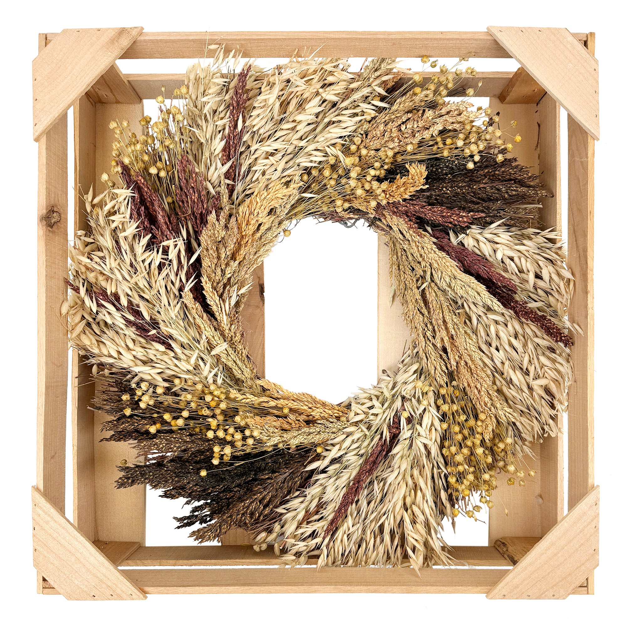 Fall wreath in cream, tan and brown grains.