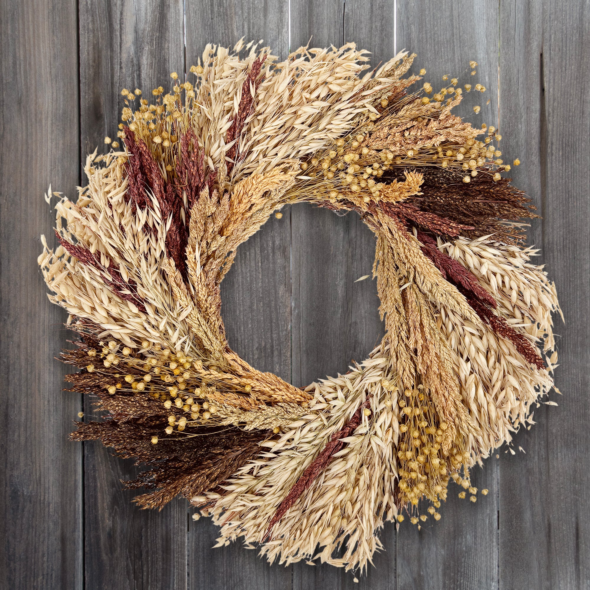 Fall wreath in cream, tan and brown grains.