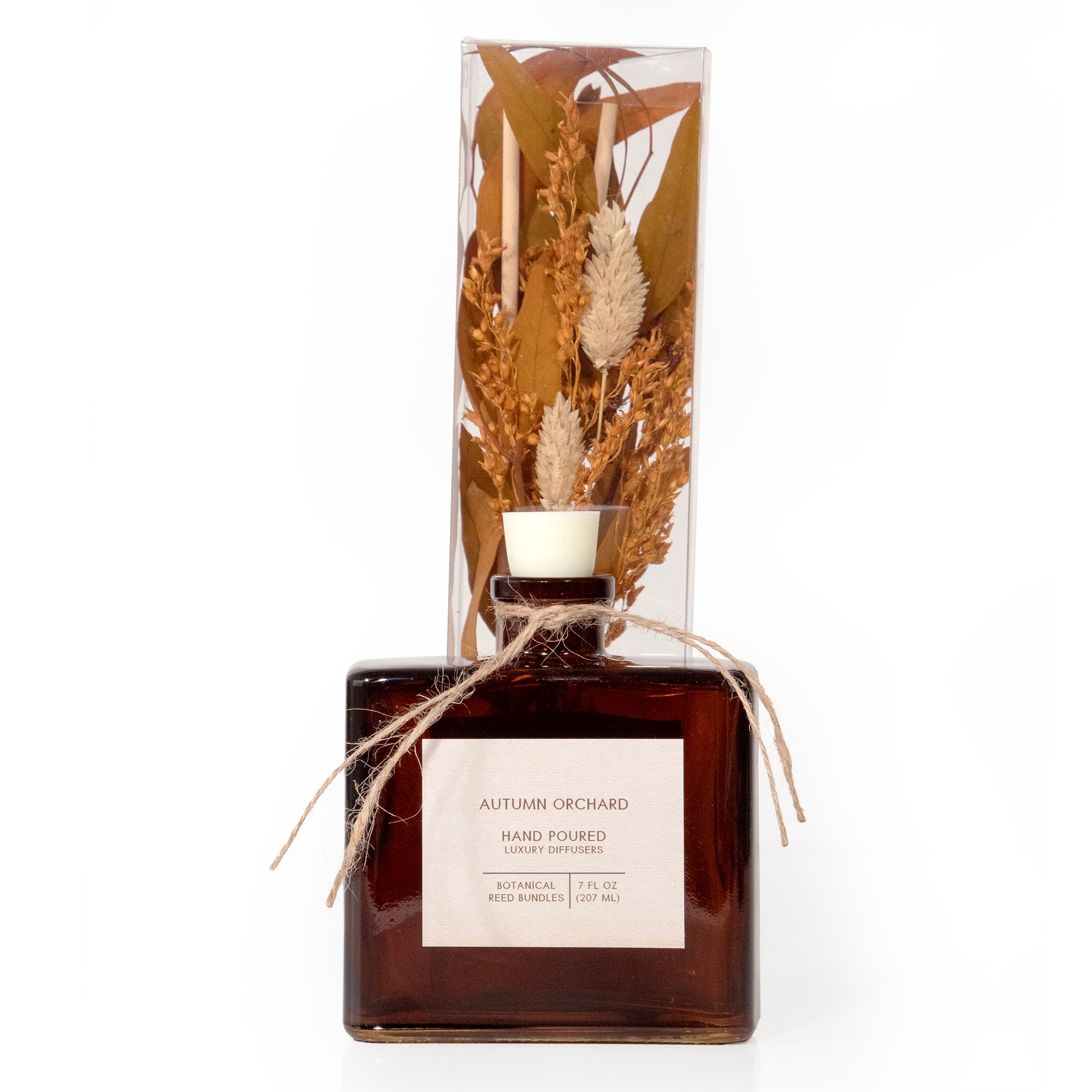 Packaged Autumn Orchard hand-filled diffuser, on a white background.  Diffuser reeds are arranged in an autumn bouquet of dried flowers.