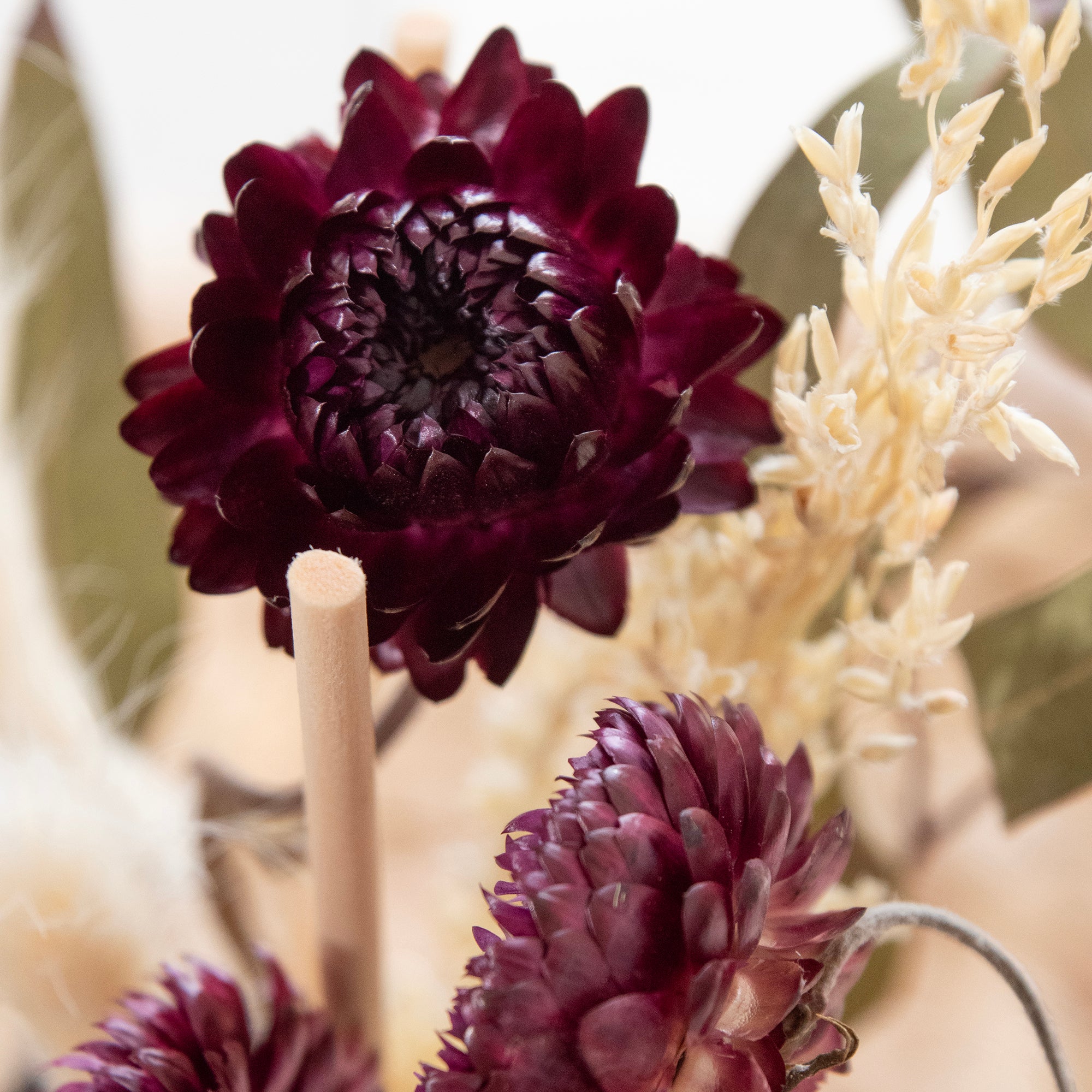 Close up of dried floral bouquet, in a room setting.
