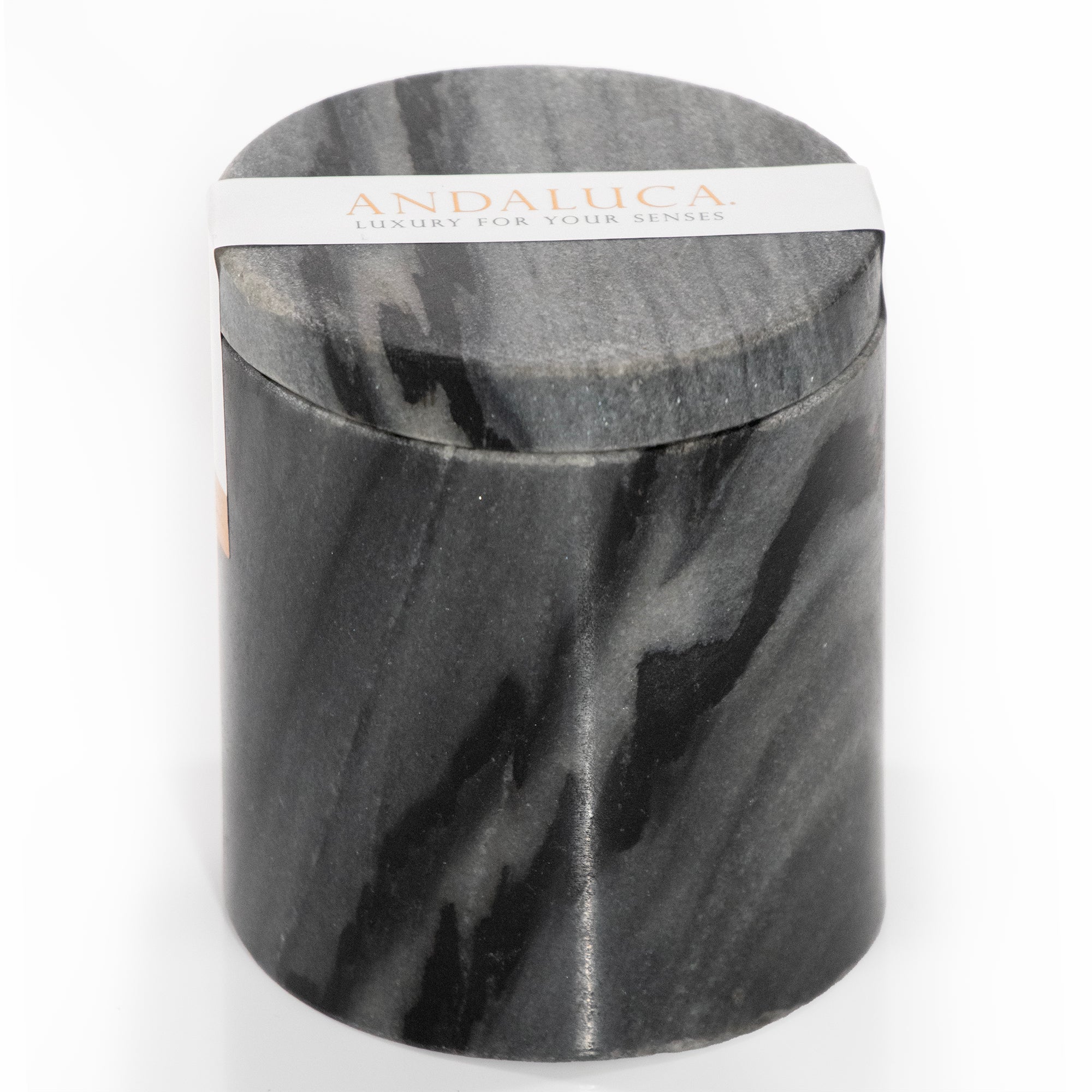 Marble-patterned cylindrical container with a white label on a white background