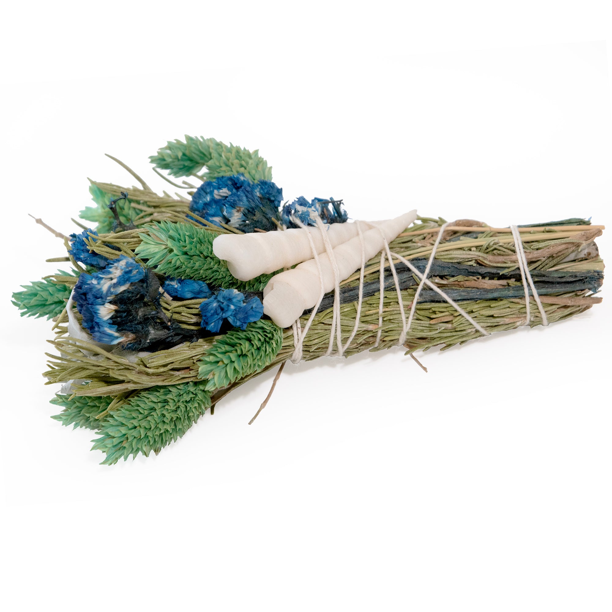 6" Blue & Green Floral & Greenery Smudge Wand with Shells