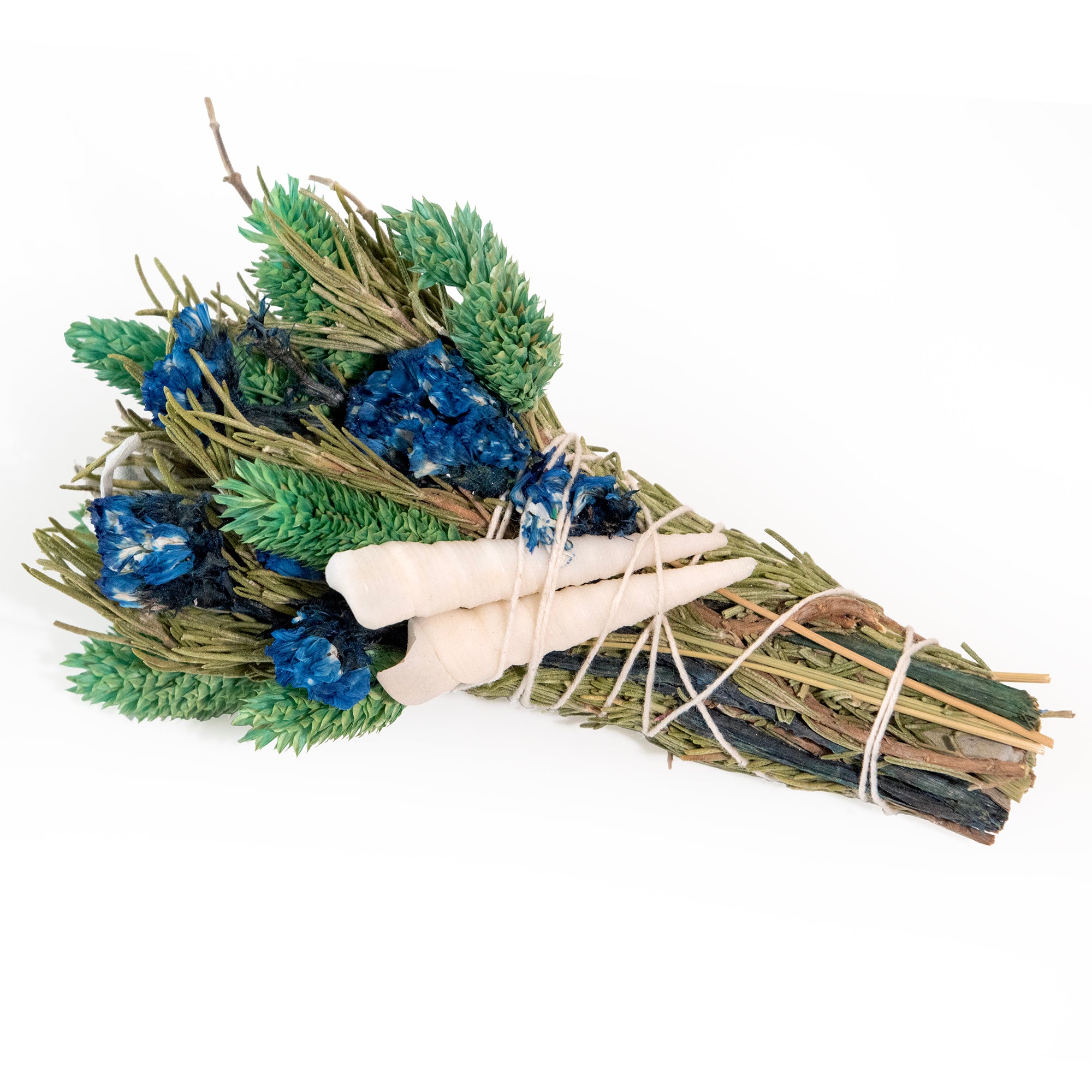 6" Blue & Green Floral & Greenery Smudge Wand with Shells