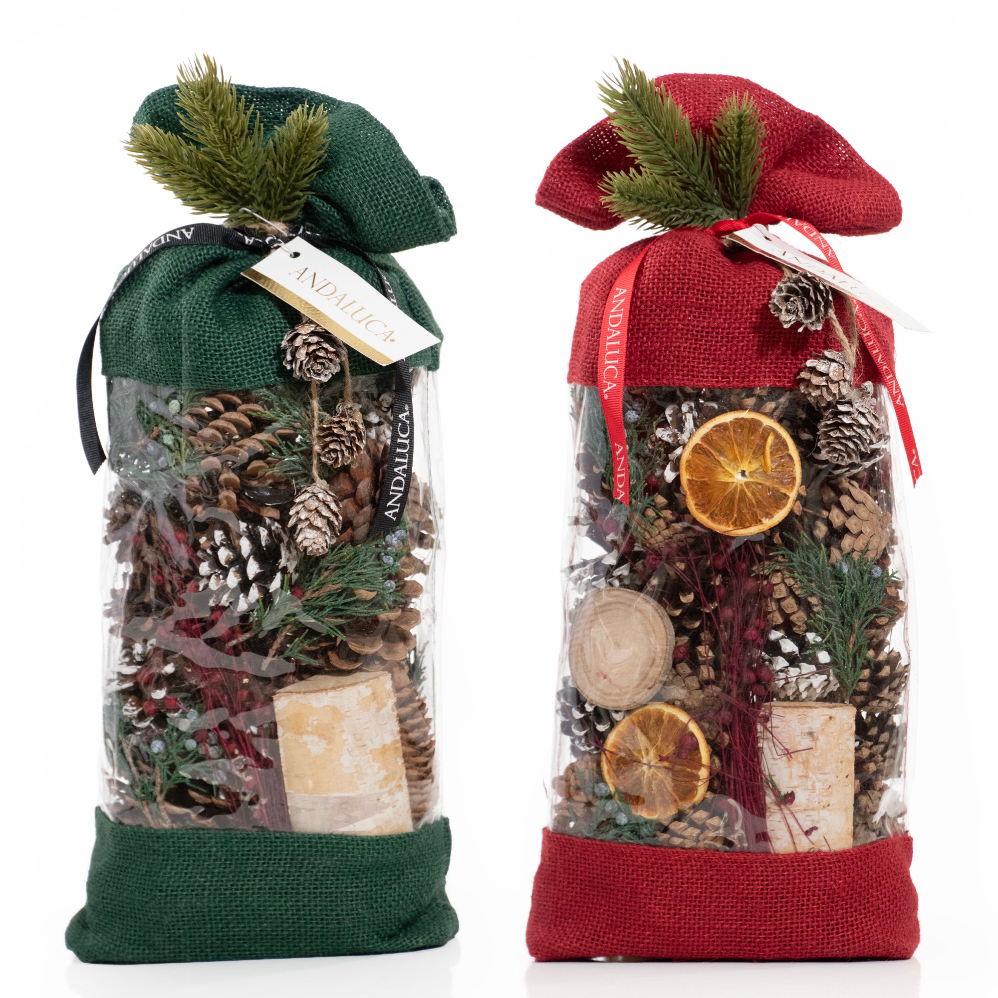 Evergreen Pine & Holiday Memories  Burlap Pinecone Bag. It is a brulap drawstring bag, with a large middle window filled with natural elements, shot on a white background.