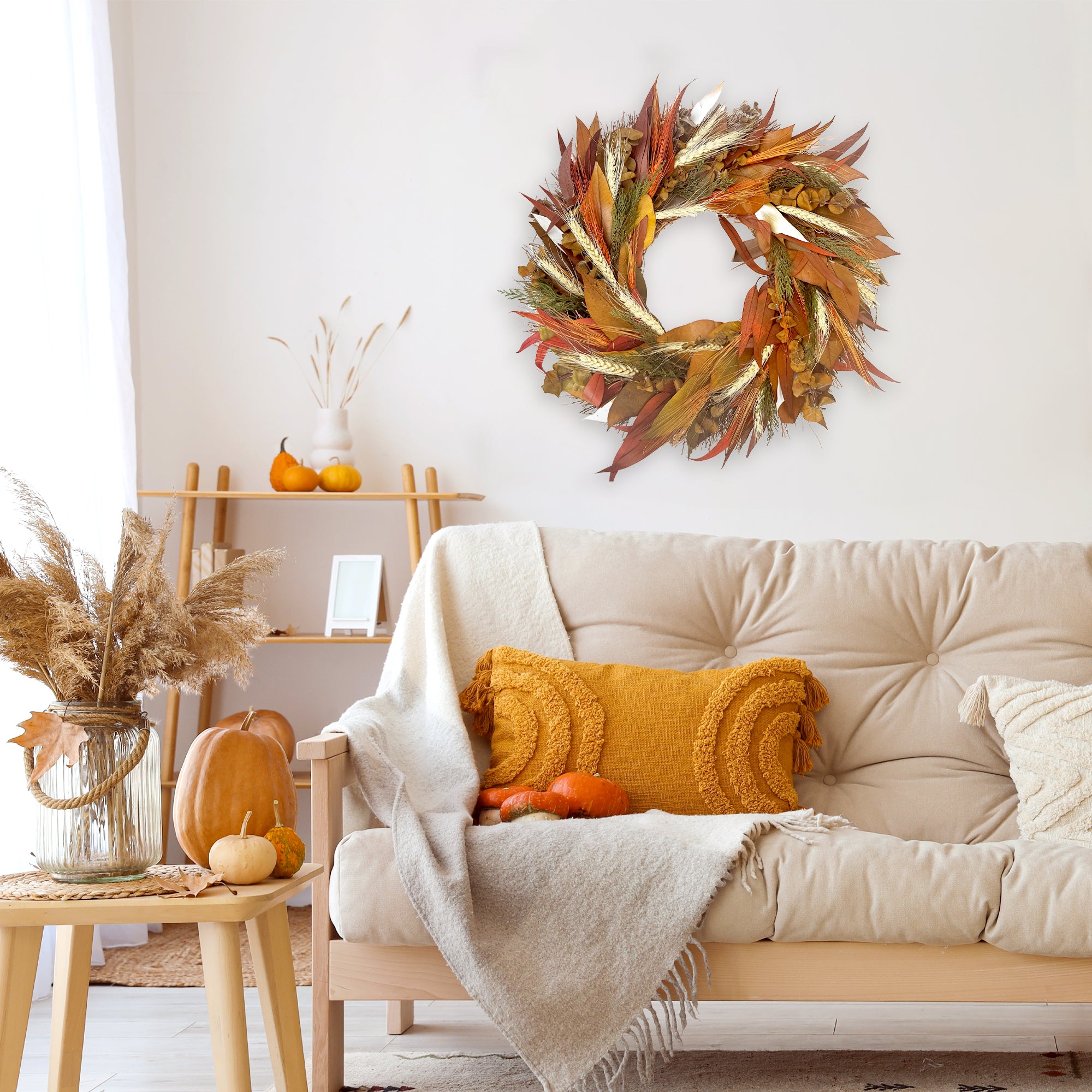 Burnt Orange Autumn Wreath, in a room setting.