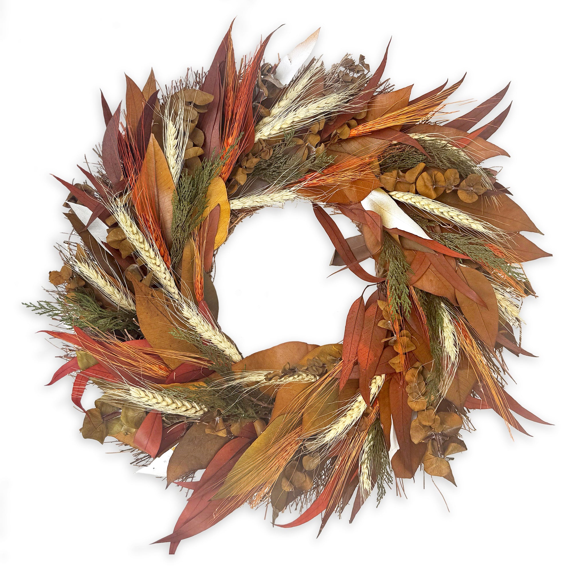 Burnt Orange Autumn Wreath, on a white background.