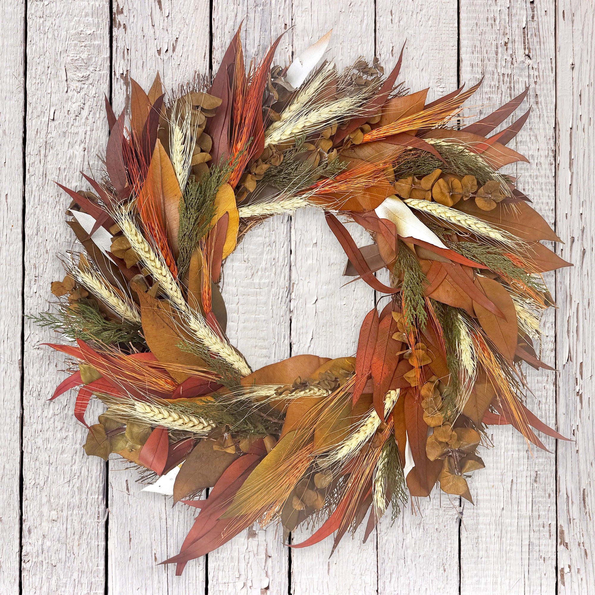 Burnt Orange Autumn Wreath, on a whitewashed fence background.