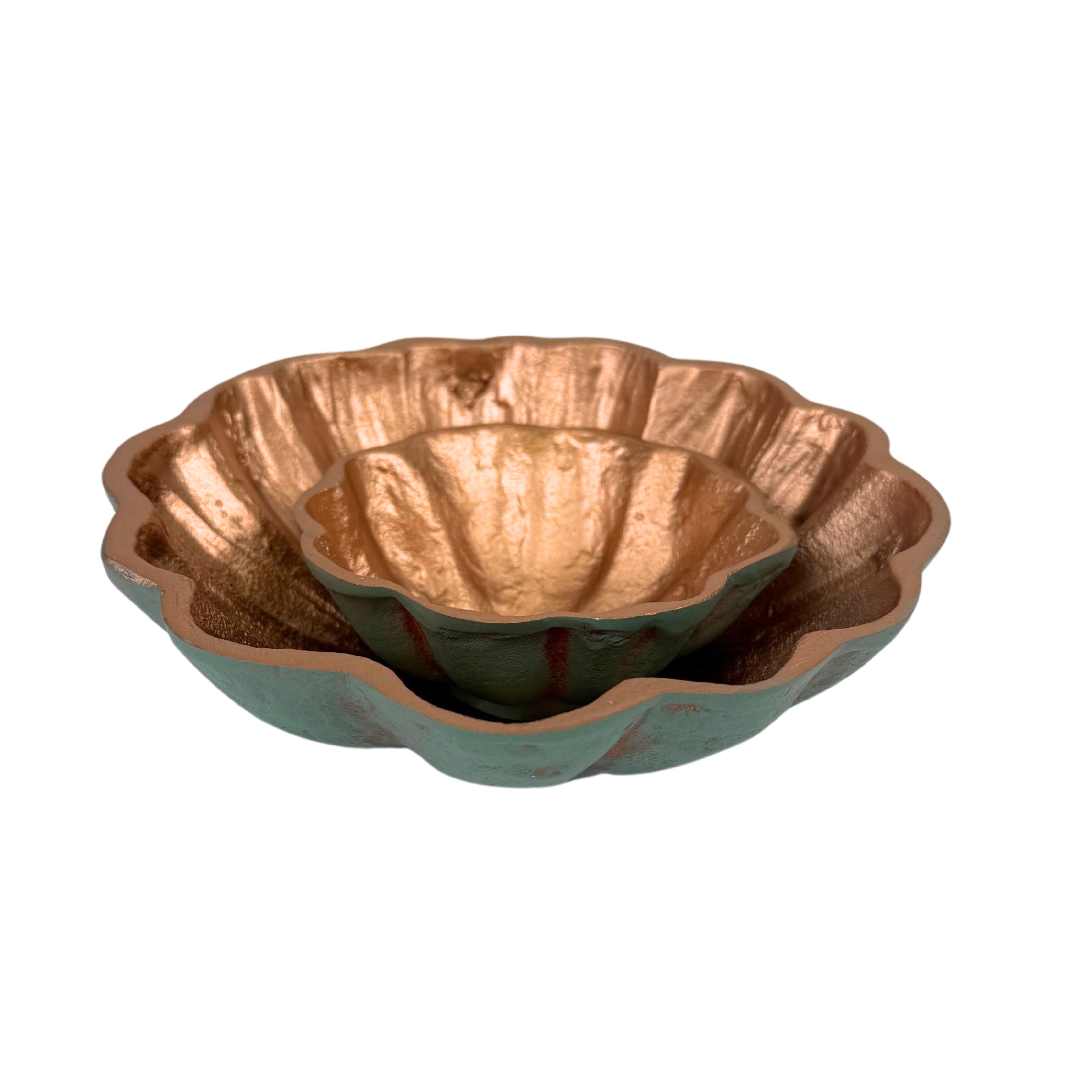 Set of 2 Scalloped Decorative Turquoise Copper Metal Bowls