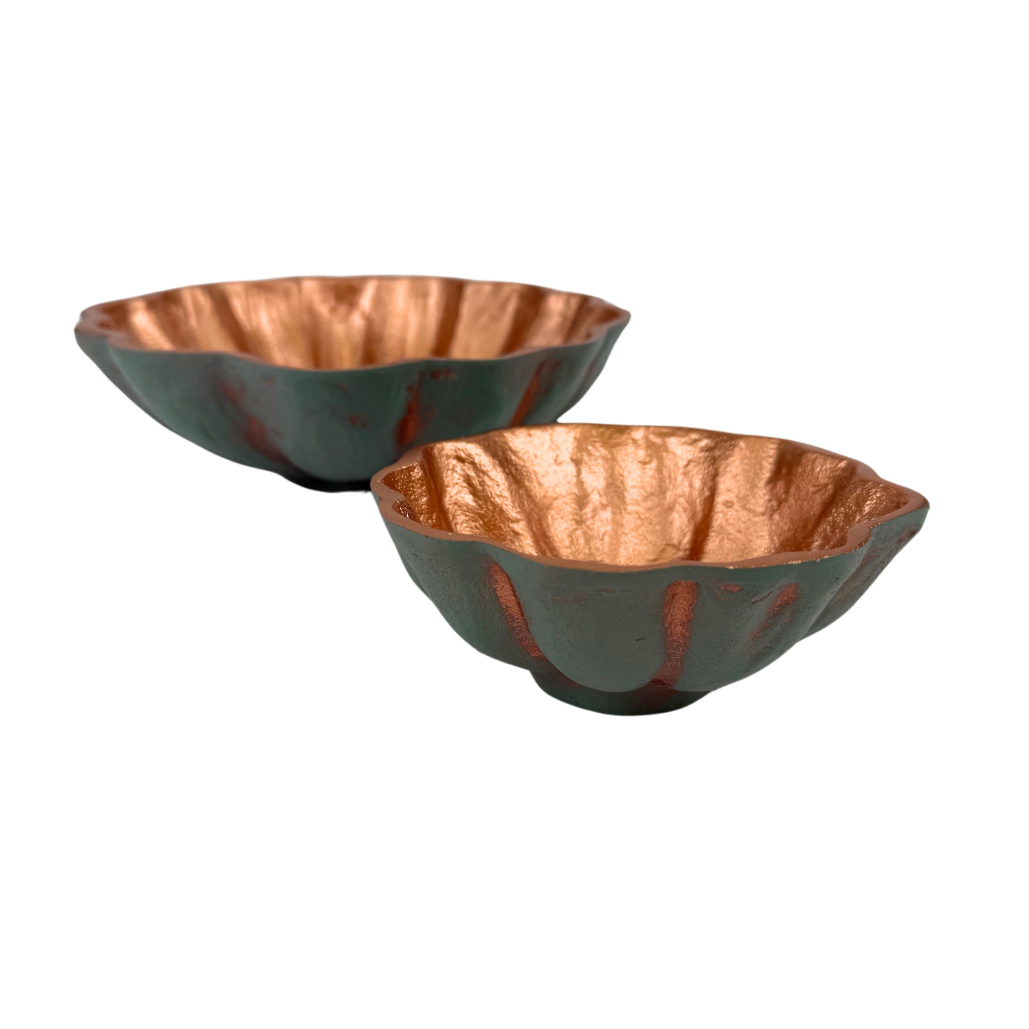 Set of 2 Scalloped Decorative Turquoise Copper Metal Bowls