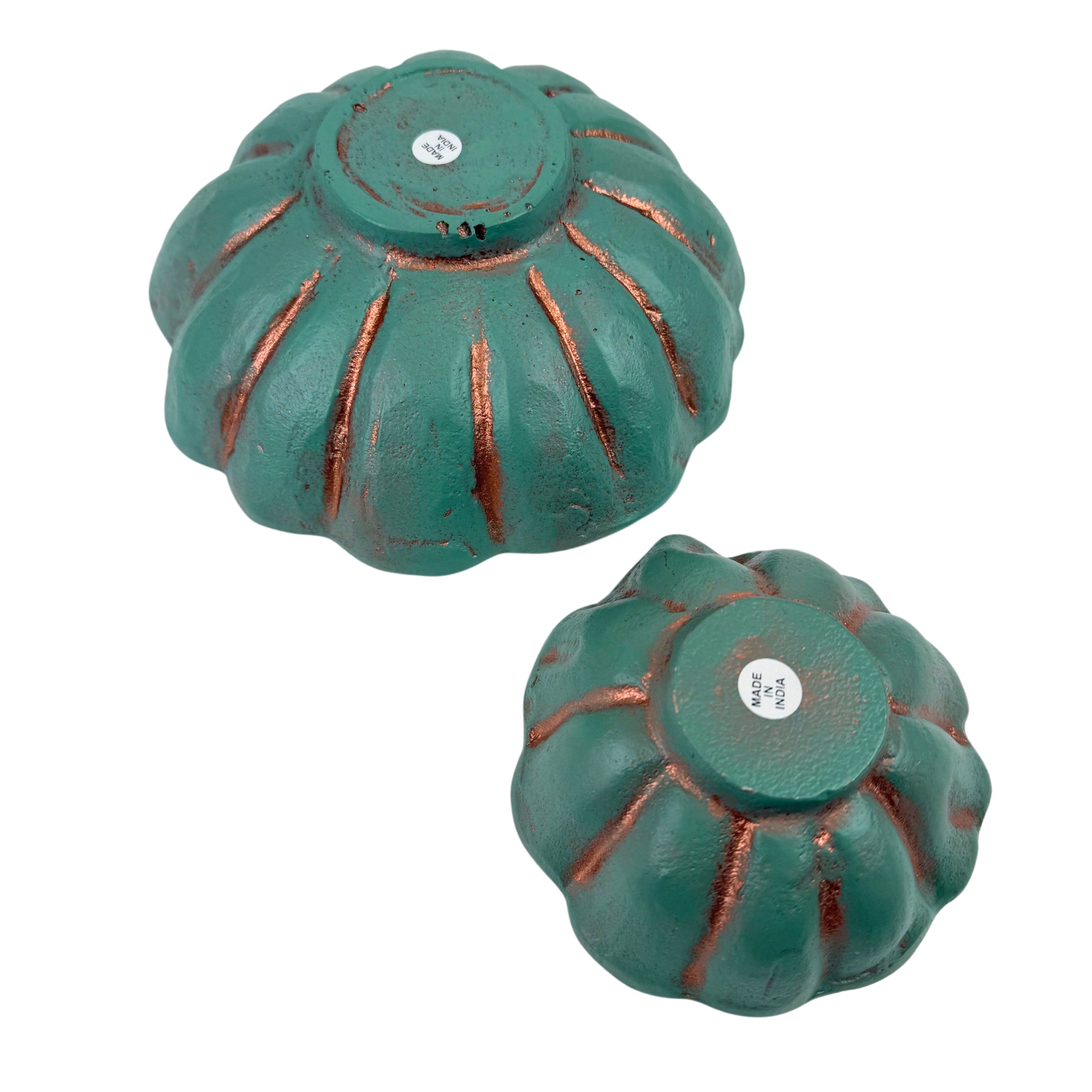 Set of 2 Scalloped Decorative Turquoise Copper Metal Bowls