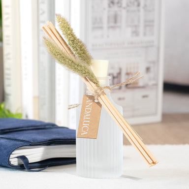 Cashmere Oak Frosted Ridge Glass Diffuser on a desk.