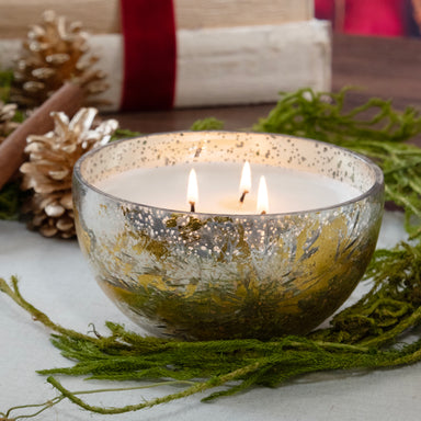 Gold and silver etched mercury glass candle.