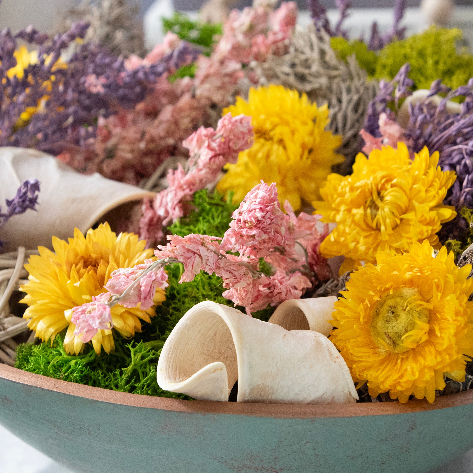 Floral Medley & Moss Bowl Filler, close up.