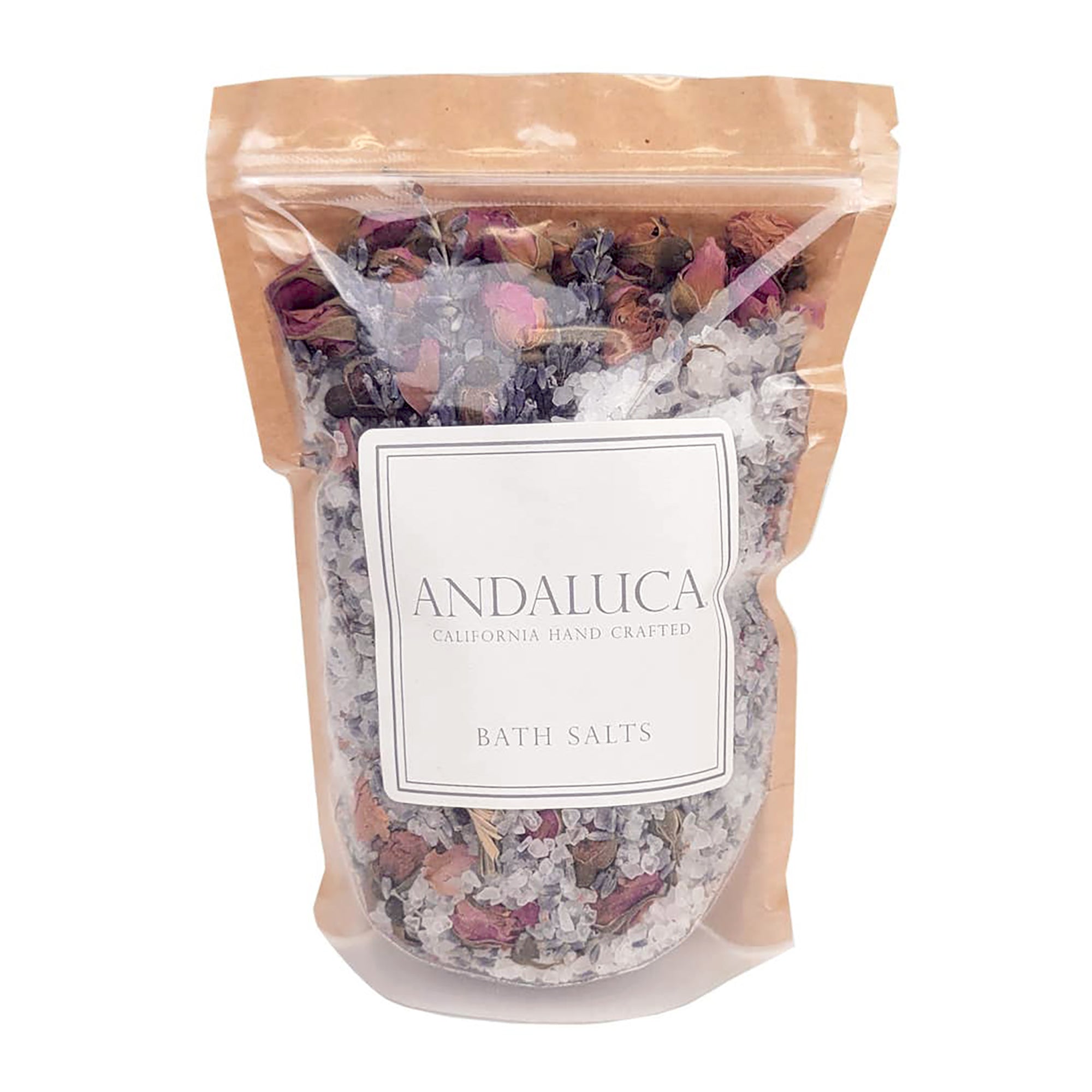 Bag of bath salt with dried lavender pieces inside.