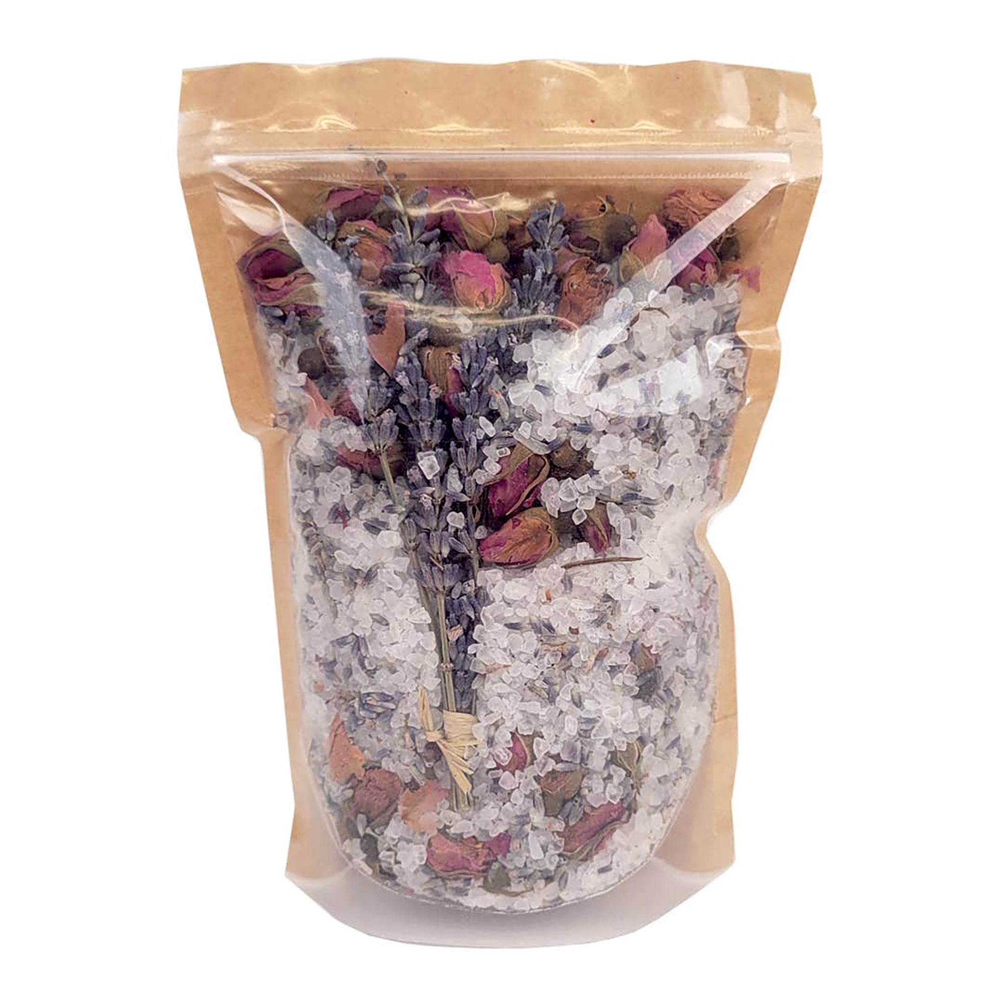A clear resealable stand-up pouch with a kraft paper top, filled with dried lavender sprigs and pink rose petals over white crystalline powder, shown on a plain white background.