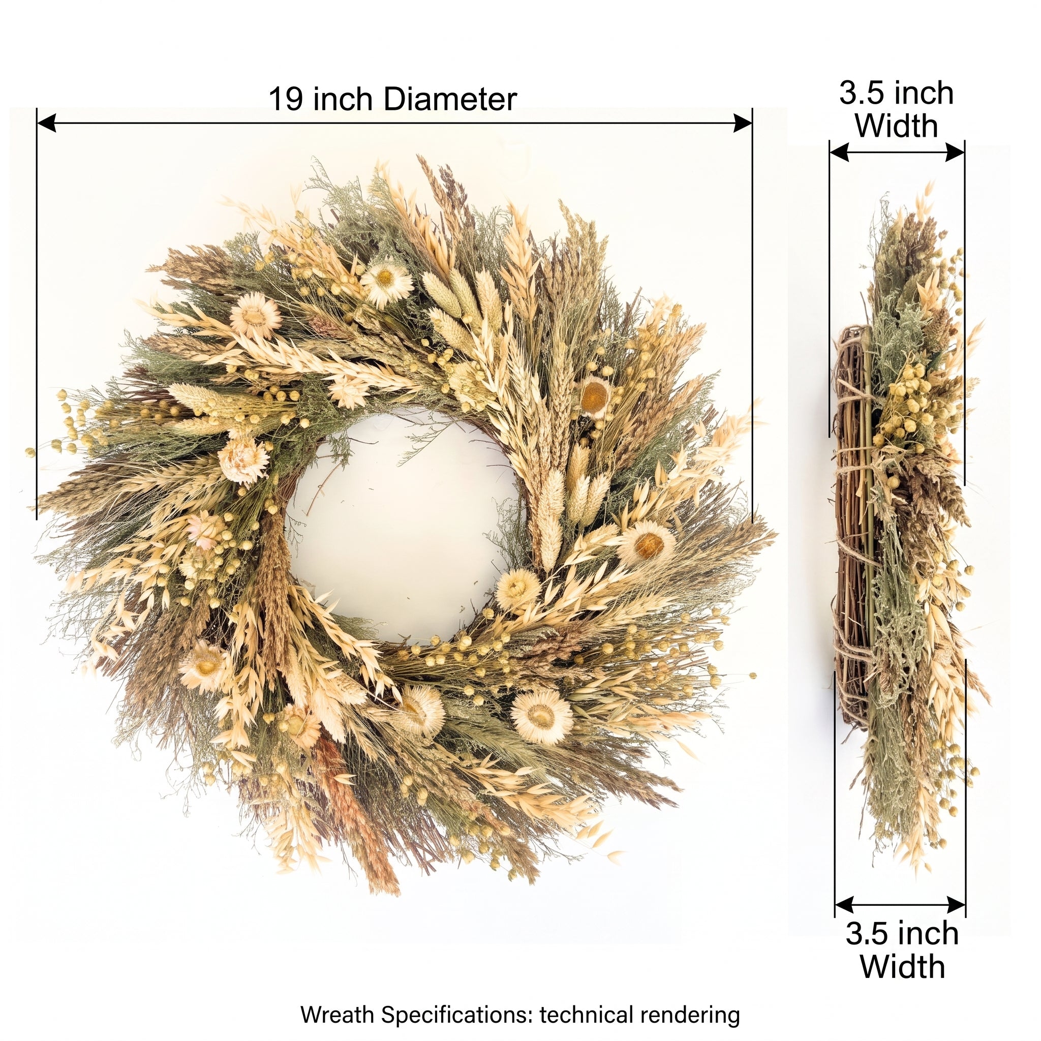 Dried floral wreath shown on a white background with dimension callouts: 19 inch diameter overall, 3.5 inch width, and 3.