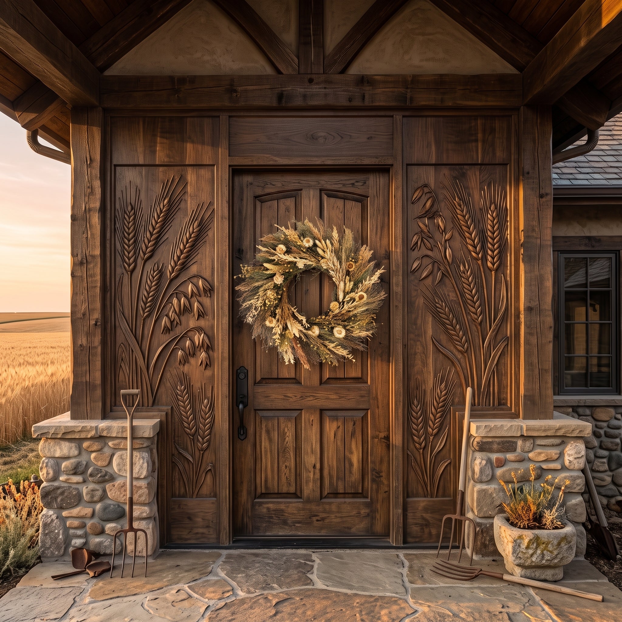 A rustic wooden front door with carved wheat motifs on the door panels, set in a stone-and-wood porch with a dried floral wreath hanging on the door.