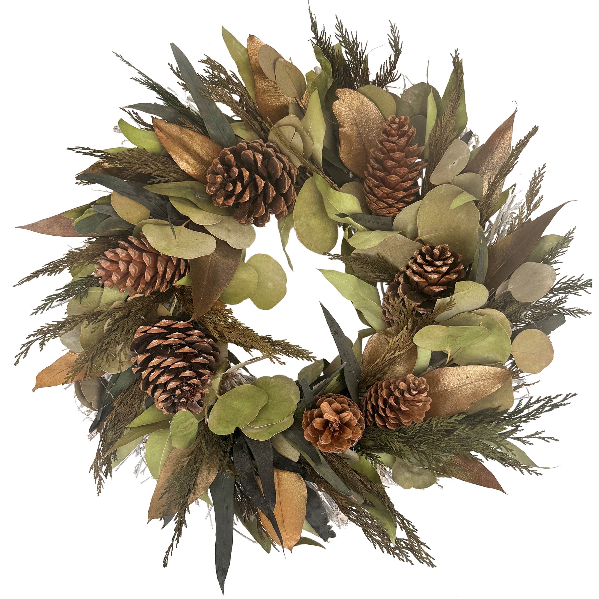 Decorative wreath with green leaves and pinecones on a white background