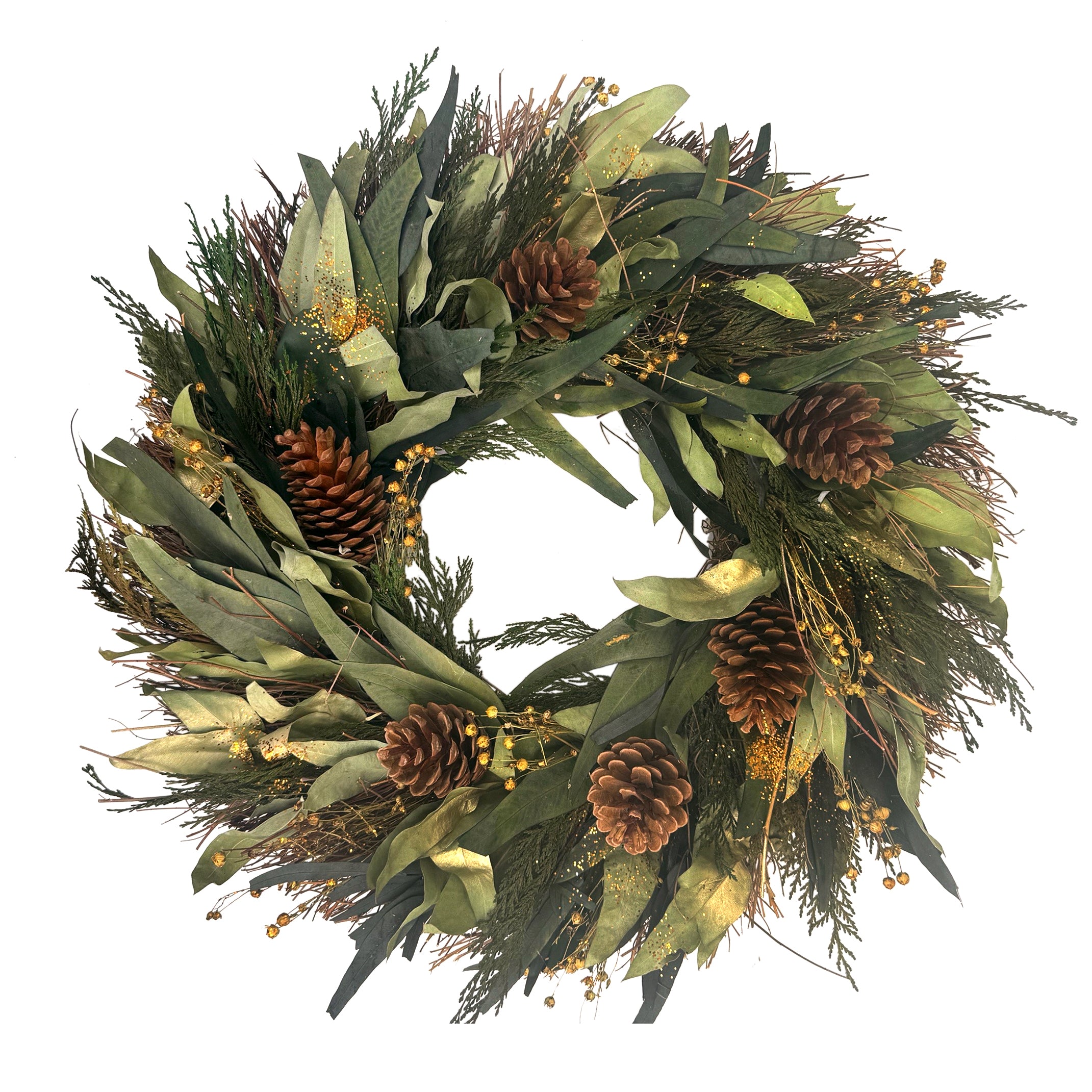 Decorative wreath with green leaves and pinecones on a white background