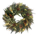 Decorative wreath with green leaves and pinecones on a white background