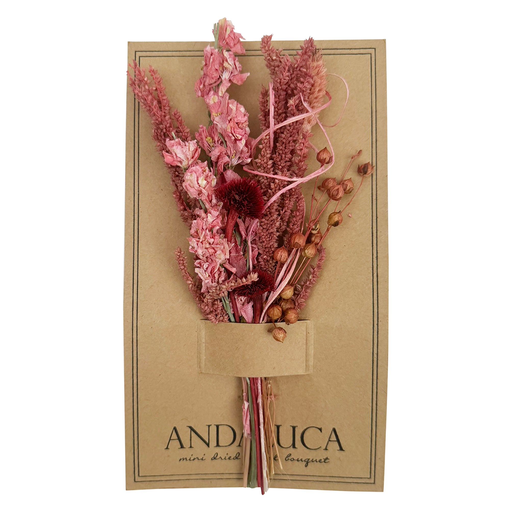 Mini bouquet of pink flowers and grains.
