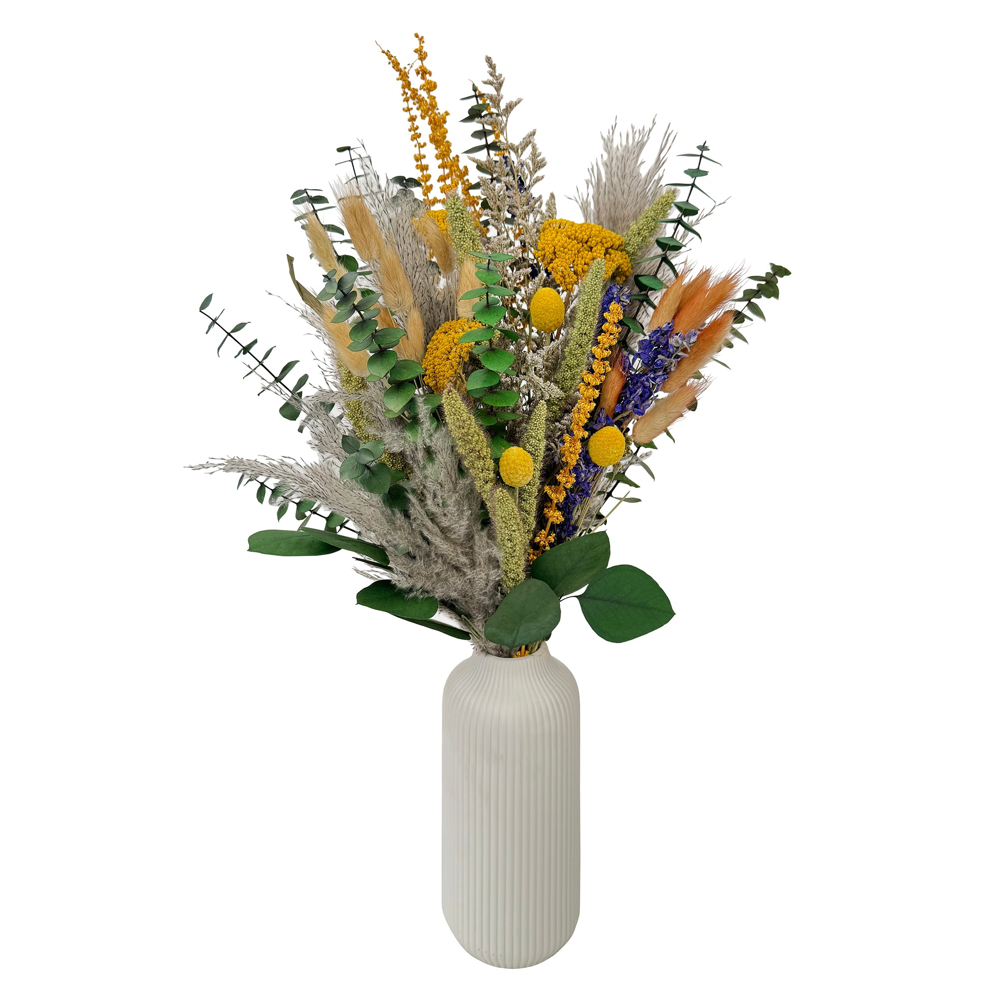 Golden Garden Bouquet with Yellow Globe Thistle in vase