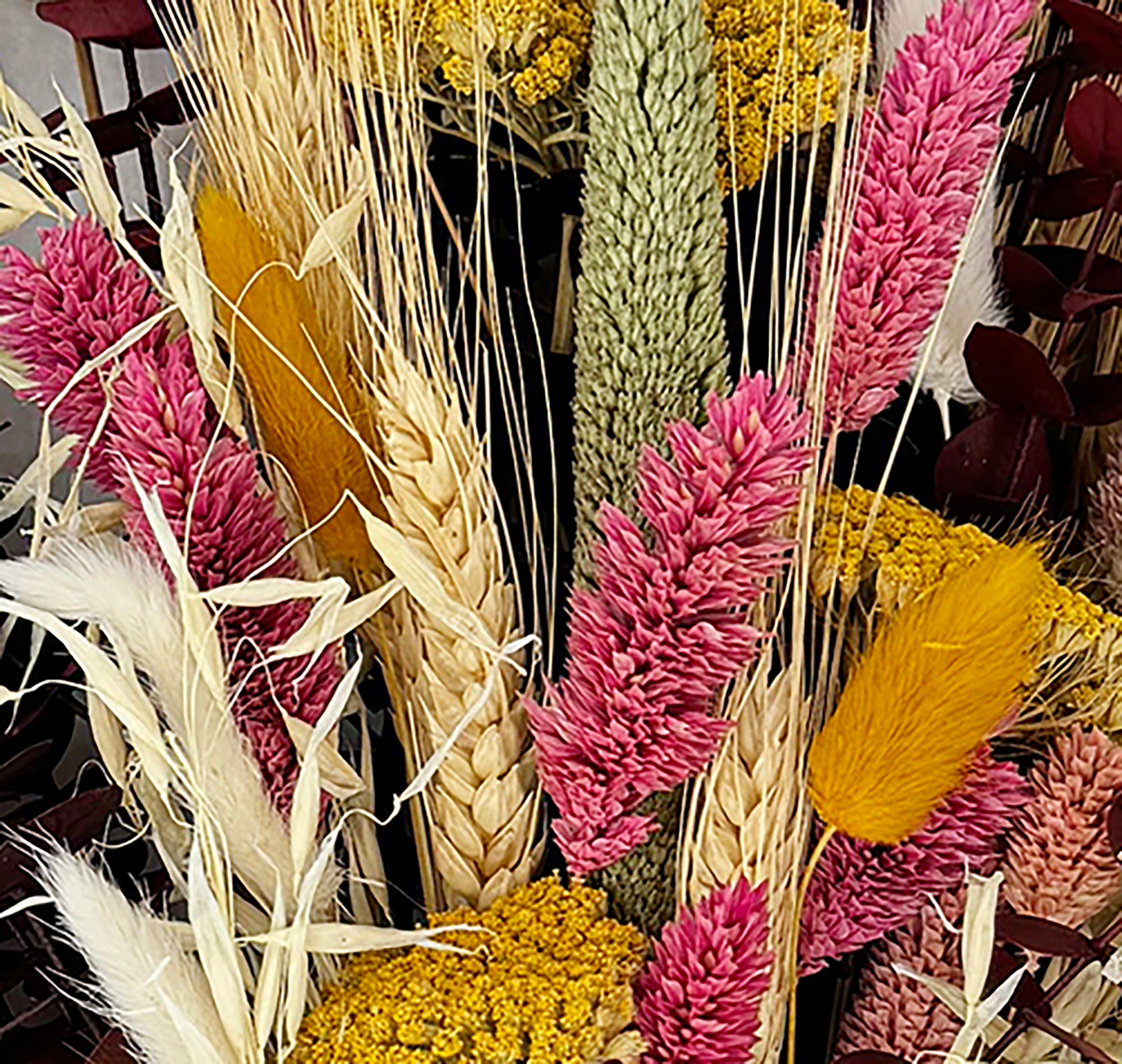 Summer Solstice Floral Bouquet with pink, yellow, and golden flowers, natural grains, and baby eucalyptus.